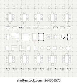 Set of simple flat vector icons furniture for floor plan outline. Editable EPS10 vector illustration