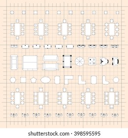 Set of simple flat vector icons furniture for floor plan outline on blueprint technical grid background