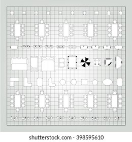 Set of simple flat vector icons furniture for floor plan outline on blueprint technical grid background