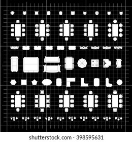 Set of simple flat vector icons furniture for floor plan outline on blueprint technical grid background