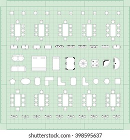 Set of simple flat vector icons furniture for floor plan outline on blueprint technical grid background