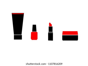 Set of simple flat vector isolated black and red icons of cosmetic. Silhouettes of lipstick, nail polish, creme, powder. Set for make-up. 