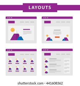 Set of simple flat website templates. Web wireframe vector. Ux interface page design. prototype example. Web layouts