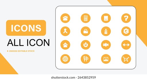 A set of simple, flat, yellow circle icons with white symbols representing different concepts, suitable for web design and user interface elements.