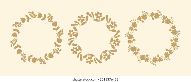 Set of simple floral circle frames. Hand drawn botanical wreaths featuring branches, leaves, and flowers. Isolated vector illustrations, perfect for wedding invitations, cards, poster templates.