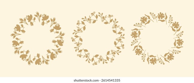 Set of simple floral circle frames. Hand drawn botanical wreaths featuring branches, leaves, and flowers. Isolated vector illustrations, perfect for wedding invitations, cards, poster templates.