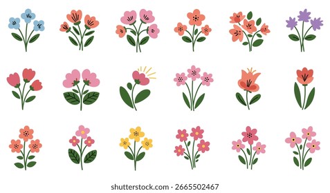 Conjunto de ilustraciones florales simples en varios colores. Ramos de flores lindos aislados en un fondo blanco. Gráficos de Vector.