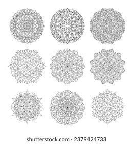 Conjunto de simple ilustración portadora de mandala floral.