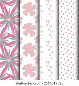 Conjunto de padrões florais simples em estilo cartoon. Ilustração vetorial.