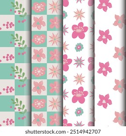 Conjunto de patrones florales simples en estilo de dibujos animados. Ilustración vectorial.