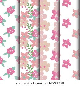 Conjunto de patrones florales simples en estilo de dibujos animados. Ilustración vectorial.