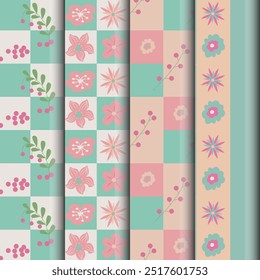 Conjunto de padrões florais simples em estilo cartoon. Ilustração vetorial.