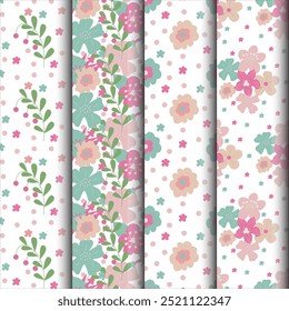 Conjunto de patrones florales simples en estilo de dibujos animados. Ilustración vectorial.