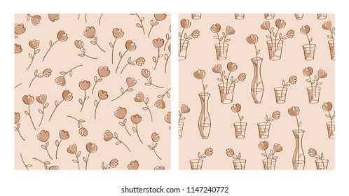 Set of simple floral seamless pattern with hand drawn flowers for textile, wallpapers, covers, surface, print, wrap, scrapbooking. Vector illustration.
