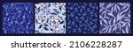 Set of simple floral seamless patterns. Daisy flowers collection in blue color. Sketch flat drawing. Botanical collage in modern trendy style.