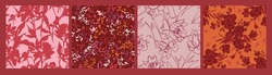 Set Of Simple Floral Seamless Patterns In Red. Meadow Plants, Leaves, Leaf And Large Buds Flowers. Vintage Prints. Botanical Collage In Modern Flat Style. Floral Silhouettes. Summer Motif Collection.