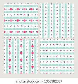 Set of simple floral seamless patterns with hand drawn pink flowers, leaves and stripes for textile, wallpapers, gift wrap, scrapbook. Vector.