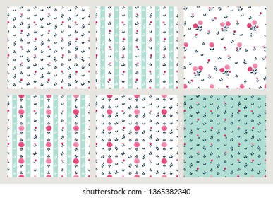 Set of simple floral seamless patterns with hand drawn spring flowers and stripes for textile, wallpapers, gift wrap, scrapbook. Vector.