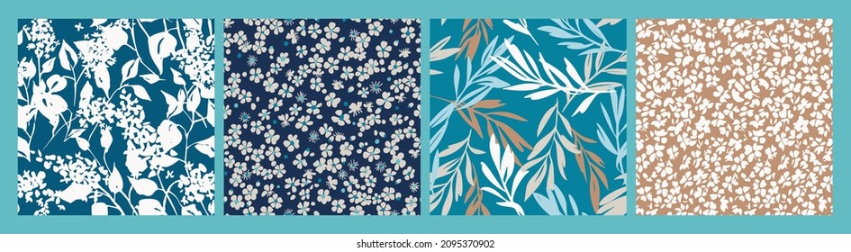 Set of simple floral seamless patterns. Meadow plants, leaves, leaf and small daisy flowers collection. All over print. Botanical collage in modern flat liberty style. Floral silhouettes. Summer motif - Shutterstock ID 2095370902