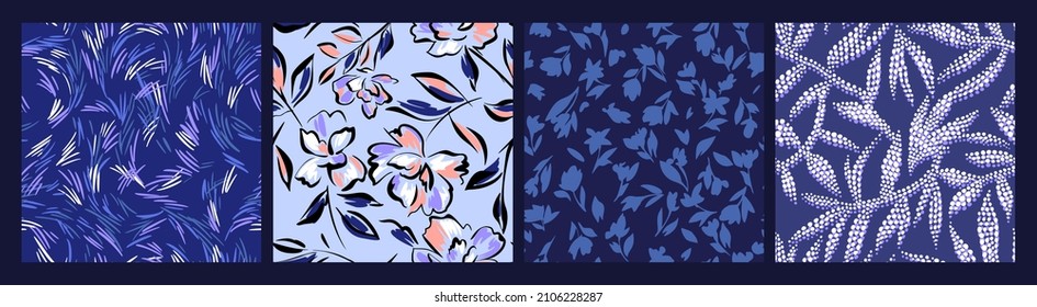 Set of simple floral seamless patterns. Daisy flowers collection in blue color. Sketch flat drawing. Botanical collage in modern trendy style. - Shutterstock ID 2106228287