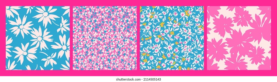 Set of simple floral seamless patterns. Small and large daisy flowers collection in blue pink colors. Sketch flat drawing. Botanical collage in modern trendy style. Summer meadow flowers bundle.