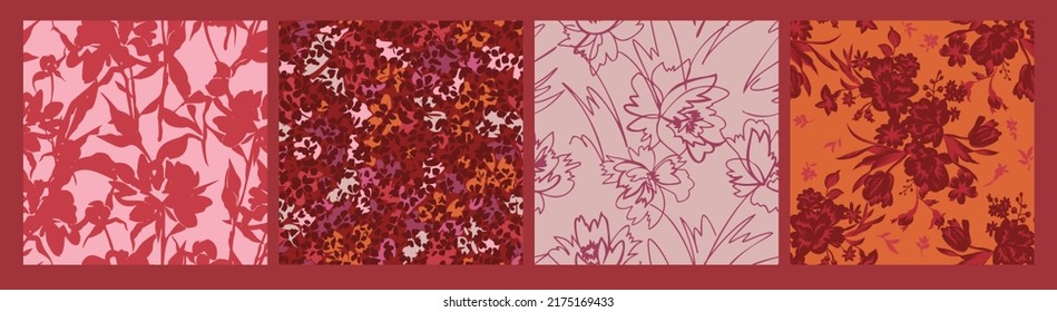 Set of simple floral seamless patterns in red. Meadow plants, leaves, leaf and large buds flowers. Vintage prints. Botanical collage in modern flat style. Floral silhouettes. Summer motif collection.