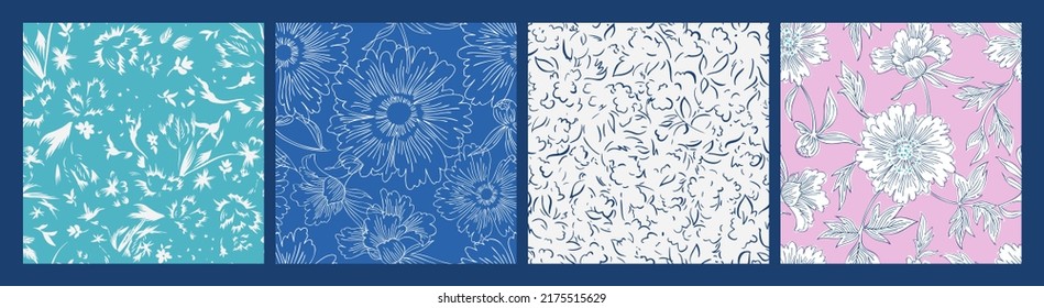 Set of simple floral seamless patterns. Silhouettes of small and large daisy flowers. Sketch flat manner. Botanical collage in modern trendy style. Summer meadow flowers collection. Line drawing.