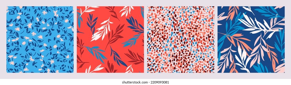 Set of simple floral seamless patterns. Tropical exotic leaves, leaf and small daisy flowers collection. All over prints. Botanical textures in modern flat style. Floral silhouettes. Summer motif.