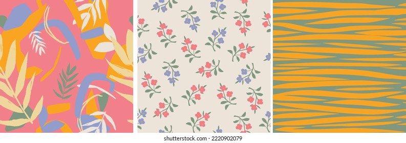 Set of simple floral seamless patterns. Colorful small and large, ditsy, daisy flowers collection. Sketch flat drawing. Botanical collage in modern trendy style. Summer meadow flowers bundle.