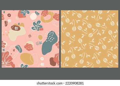 Set of simple floral seamless patterns. Colorful small and large, ditsy, tulips flowers collection. Sketch flat drawing. Botanical collage in modern trendy style. Summer meadow flowers bundle. 