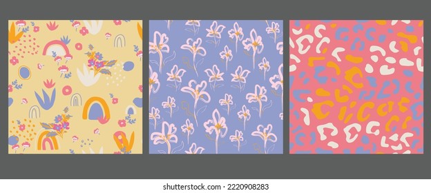 Set of simple floral seamless patterns. Colorful small and large, ditsy, daisy flowers collection. Sketch flat drawing. Botanical collage in modern trendy style. Summer meadow flowers bundle. 