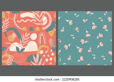 Set of simple floral seamless patterns. Colorful small and large, ditsy, tulips flowers collection. Sketch flat drawing. Botanical collage in modern trendy style. Summer meadow flowers bundle. 