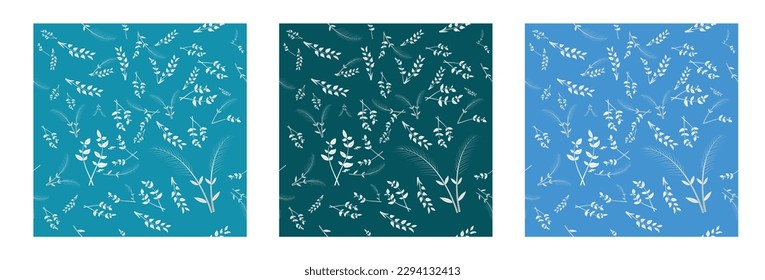 Set of simple floral seamless patterns. Plants, leaves, leaf and small flowers collection. All over print. Botanical collage in modern flat liberty style. Floral silhouettes. Summer motif.
