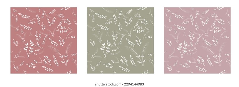 Set of simple floral seamless patterns. Plants, leaves, leaf and small flowers collection. All over print. Botanical collage in modern flat liberty style. Floral silhouettes. Summer motif.