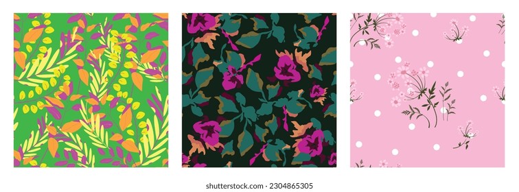 Set of simple floral seamless patterns. Daisy flowers collection in blue color. Sketch flat drawing. Botanical collage in modern trendy style.