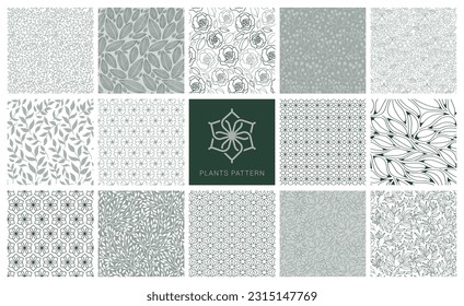 Set of simple floral seamless patterns. Geometric, Silhouette or Decorative Flowers and Plants collection. Full Vector Big Set of Textured Illustrations