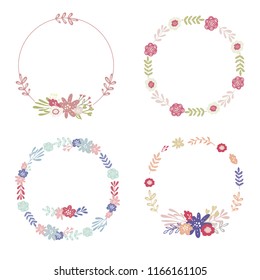 Set of simple floral wreaths and bouquets for wedding decor,invitation,greeting card design