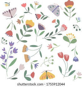 A set of simple flower elements and butterflies, can be used as a pattern block, for the design of packaging paper, stationery