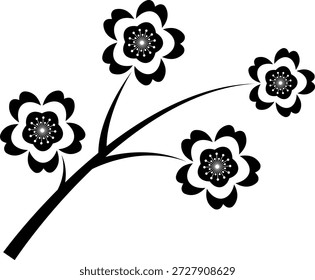 Eine einfache Blumensymbolgrafik. Apfel-, Kirsch-, Pflaumen-, Aprikosen-, Birnen- oder Pfirsichblüten. Kinder nette Dekoration. Hippy groovy Daisy Blumen Set. Retro Vintage Stil, handgezeichnete dekorative Elemente.