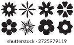 Set of simple flower icons in black and white. Vector illustration nature element plant shape. Floral leaf sign and garden collection blossom decorative style. Ornament sunflower