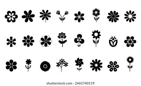 Set of simple flower icons in black and white. Vector illustration nature element plant shape. Floral leaf sign and garden collection blossom decorative style. Ornament sunflower