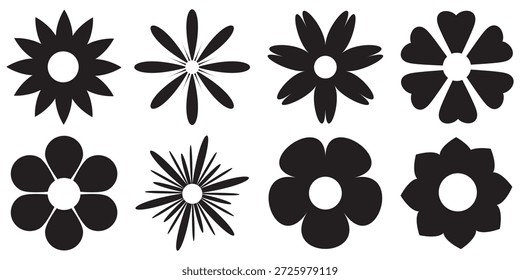 Satz einfacher Blumensymbole in Schwarz und Weiß. Vektorgrafik Naturelement Pflanzenform. Blumenblatt Zeichen und Garten Sammlung Blüte dekorativen Stil. Ornament Sonnenblume