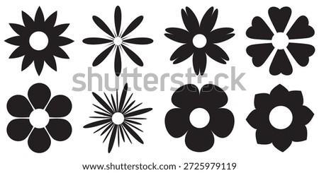 Set of simple flower icons in black and white. Vector illustration nature element plant shape. Floral leaf sign and garden collection blossom decorative style. Ornament sunflower