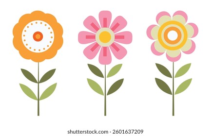 Set of Simple Flower Illustrations with Stems and Leaves Orange, Pink Geometric, and Retro Concentric