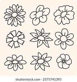 Set of Simple Flower Line Art, Set of decorative vector flowers in doodle style