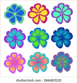 Set of simple flowers in different gradient colors. Trendy colors. Blooming buds. On an isolated white background. This template can be used for design, pattern creation, site pages.