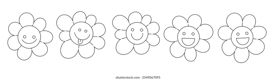 Conjunto de flores simples con caras en estilo groovy doodle en Vector sobre fondo blanco. Elemento para pegatinas iconos de decoración postales póster impresión de fondo de fondo envoltura de Anuncio de Fondo de pantalla