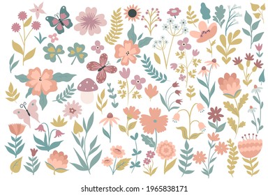 Set of simple flowers and twigs isolated on a white background. Vector graphics.