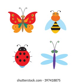 Set Of Simple Flying Bugs. Vector Ladybug. Vector Dragonfly. Vector Butterfly. Vector Bee. Cartoon Bugs For Children. Insects Vector For Kids.