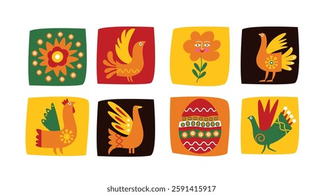 Set of Simple folk style illustrations, birds, egg, floral shapes and flowers
